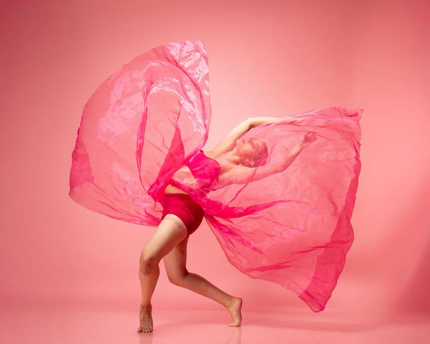 A contemporary dancer moving with pink fabric