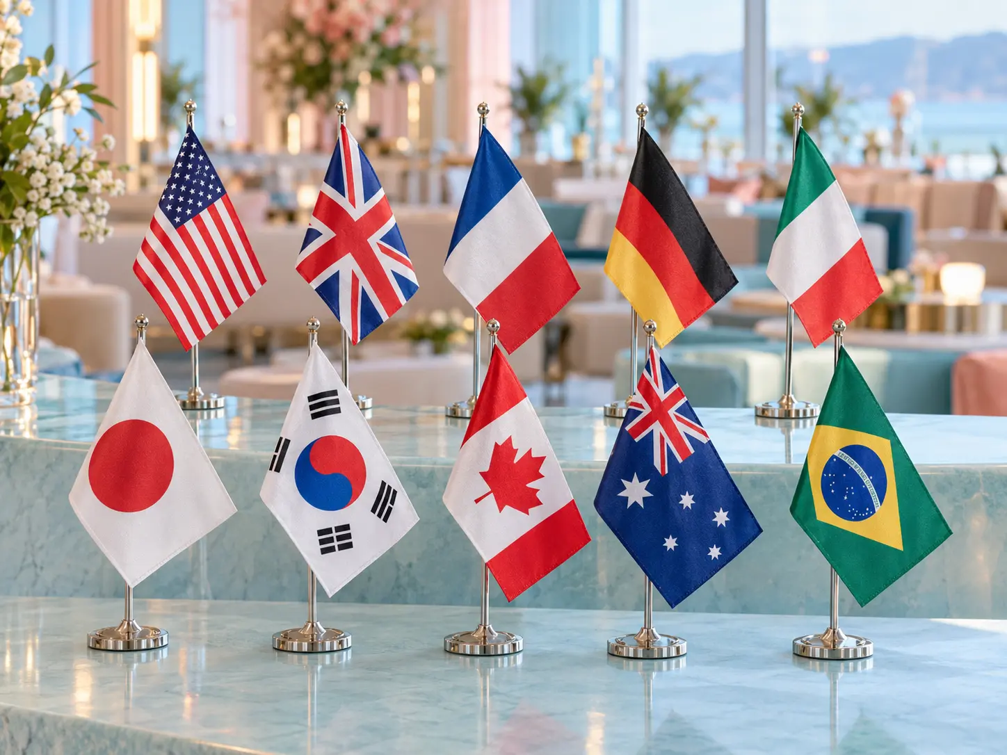 Ten national flags arranged for an international cultural gathering